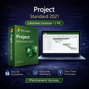 Microsoft Project Standard 2021 lifetime license WooCommerce product image with green software box, project interface with Gantt chart, and icons for secure activation, genuine software, and one-time purchase