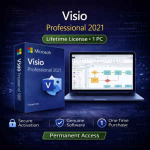 Microsoft Visio Professional 2021 lifetime license WooCommerce product image with blue software box, diagram and flowchart interface display, and icons for secure activation, genuine software, and one-time purchase