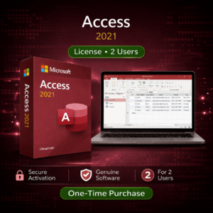Microsoft Access 2021 lifetime license for 2 users WooCommerce product image with red software box, database interface display, and icons for secure activation, genuine software, and multi-user license