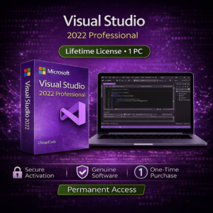 Microsoft Visual Studio 2022 Professional WooCommerce product image with purple software box, coding interface on screen, and icons for secure activation, genuine software, and one-time purchase