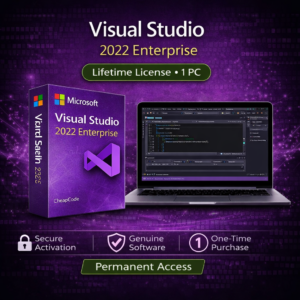Microsoft Visual Studio 2022 Enterprise WooCommerce product image with purple software box, advanced coding interface on screen, and icons for secure activation, genuine software, and one-time purchase