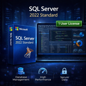 Microsoft SQL Server 2022 Standard 1 user WooCommerce product image with blue software box, database management dashboard interface, and icons for database management, high performance, and secure data