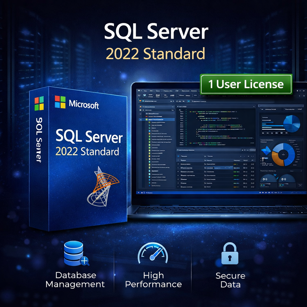Microsoft SQL Server 2022 Standard 1 user WooCommerce product image with blue software box, database management dashboard interface, and icons for database management, high performance, and secure data