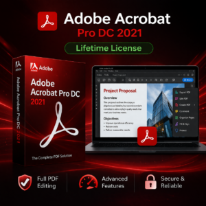 Adobe Acrobat Pro DC 2021 lifetime license WooCommerce product image with red software box, PDF editing interface on laptop, and icons for PDF editing, e-signing, and secure document management