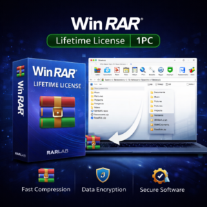 WinRAR lifetime license 1 PC WooCommerce product image with blue software box, file compression interface on screen, and icons for fast compression, data encryption, and secure software