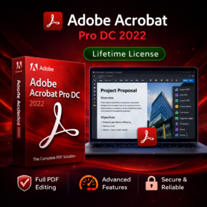Adobe Acrobat Pro DC 2022 lifetime license WooCommerce product image with red software box, PDF editing interface on laptop, and icons for PDF editing, advanced features, and secure document management