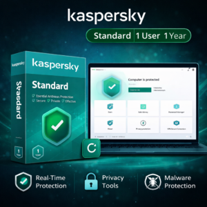 Kaspersky Standard antivirus 1 user 1 year WooCommerce product image with green software box, protection dashboard interface, and icons for real-time protection, privacy tools, and malware security
