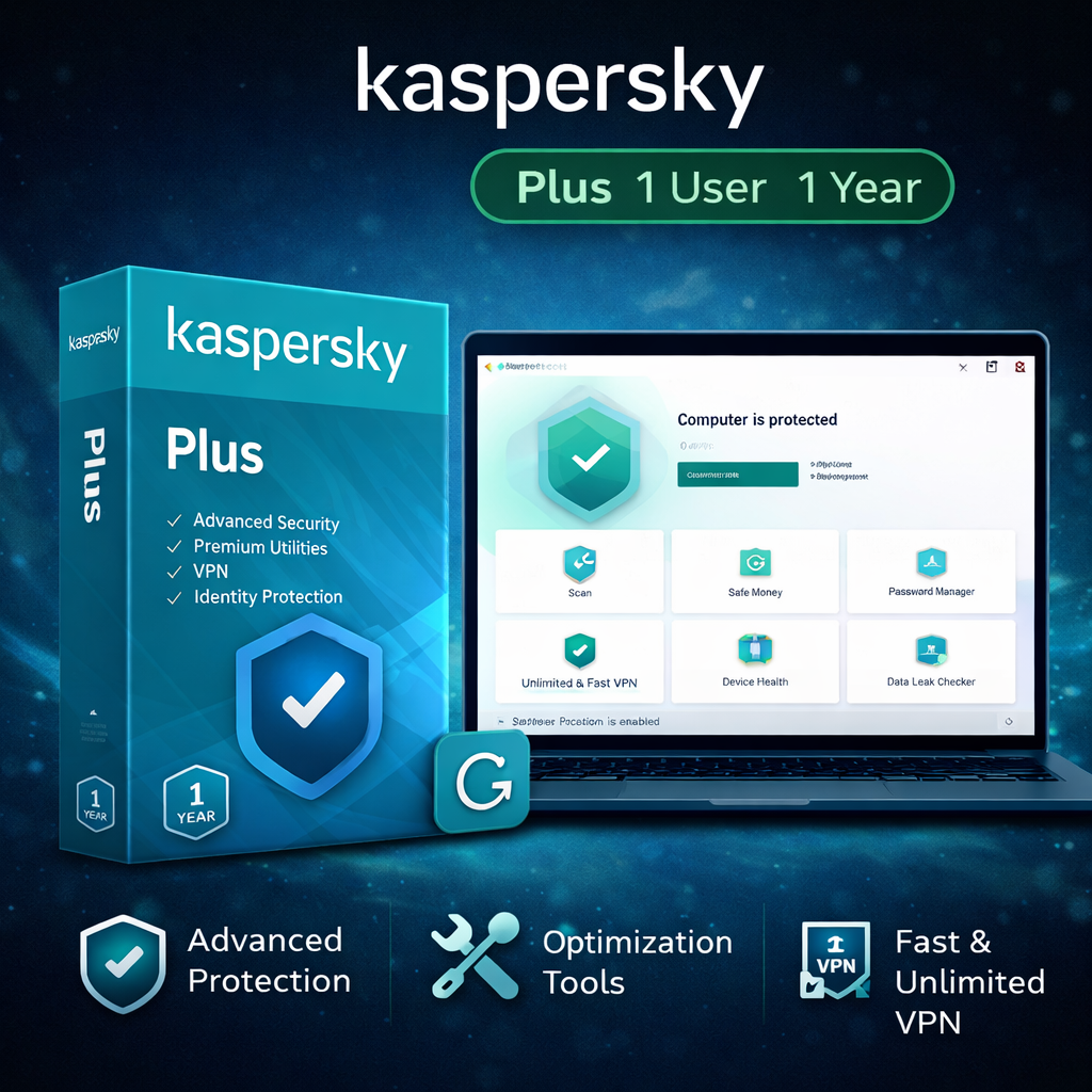 Kaspersky Plus antivirus 1 user 1 year WooCommerce product image with teal software box, protection dashboard interface, and icons for advanced security, optimization tools, and unlimited VPN