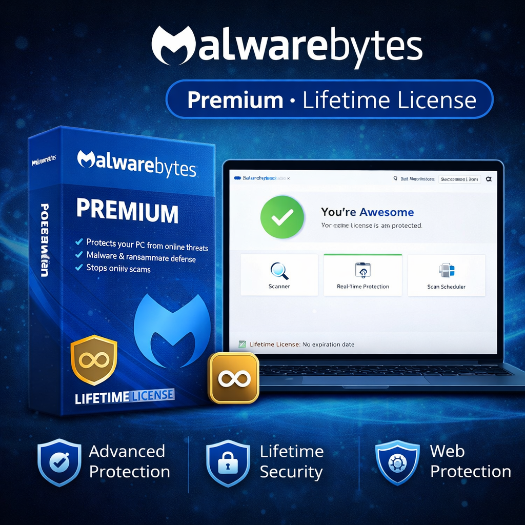 Malwarebytes Premium lifetime license WooCommerce product image with blue software box, protection dashboard interface, and icons for advanced protection, lifetime security, and web protection