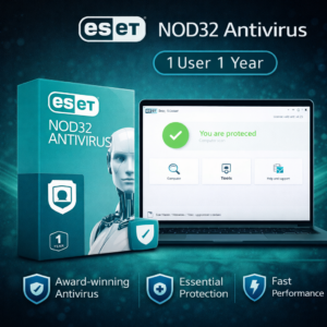 ESET NOD32 Antivirus 1 user 1 year WooCommerce product image with teal software box, antivirus dashboard interface, and icons for award-winning antivirus, essential protection, and fast performance