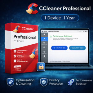 CCleaner Professional 1 device 1 year WooCommerce product image with red software box, system optimization interface on laptop, and icons for optimisation, privacy protection, and performance booster
