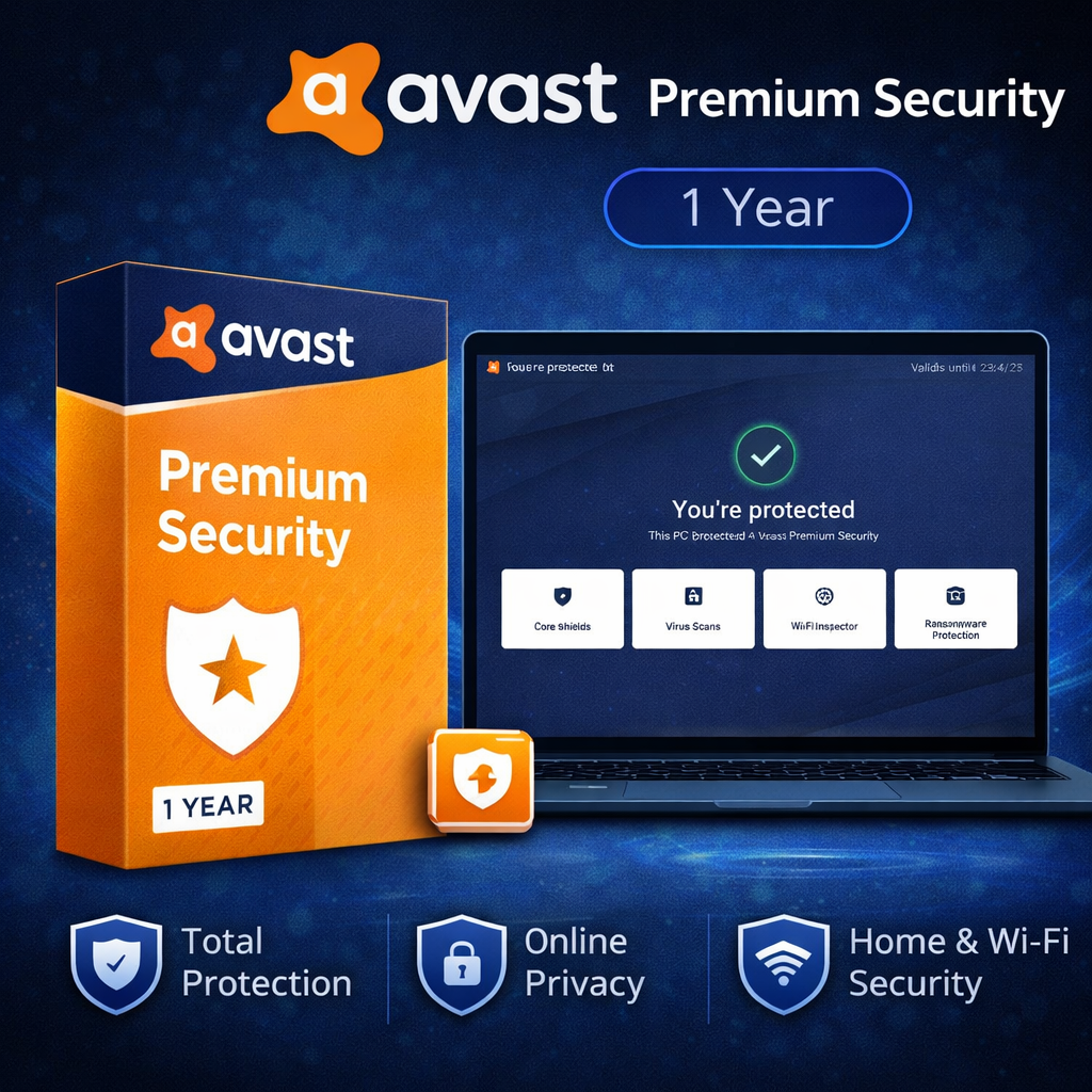 Avast Premium Security 1 year WooCommerce product image with orange software box, security dashboard interface on laptop, and icons for total protection, online privacy, and home Wi-Fi security
