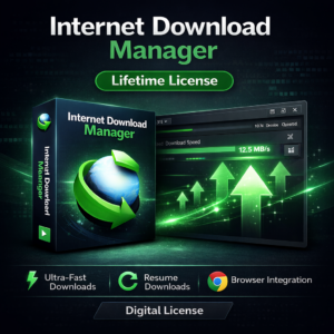 Internet Download Manager lifetime license WooCommerce product image with dark premium background, green accents, software box mockup, download speed interface, and feature icons for fast downloads, resume capability, and browser integration