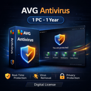 AVG Antivirus 1 PC 1 Year WooCommerce product image with dark blue premium background, software box mockup, protection shield interface, and feature icons for real-time protection, virus removal, and privacy security