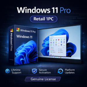Windows 11 Pro Retail 1PC WooCommerce product image with dark blue premium background, Windows 11 box mockup, desktop interface display, and feature icons for secure activation, lifetime support, and system updates