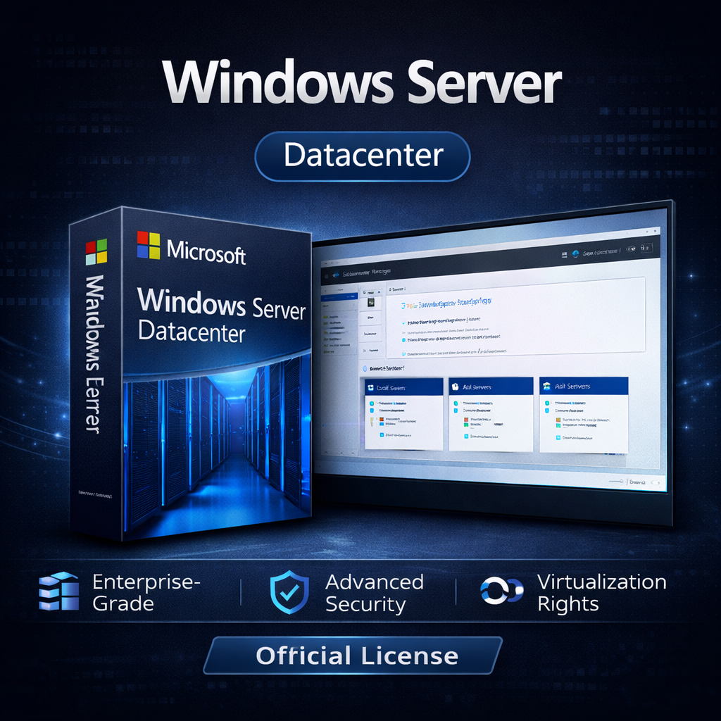 Windows Server Datacenter 1PC WooCommerce product image with dark blue premium background, server rack box mockup, management interface screen, and enterprise feature icons for advanced security, virtualization, and enterprise-grade performance
