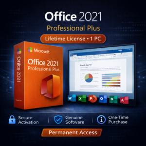 Office 2021 Professional Plus lifetime license WooCommerce product image with orange Microsoft box, Office app interface display, and icons for secure activation, genuine software, and one-time purchase