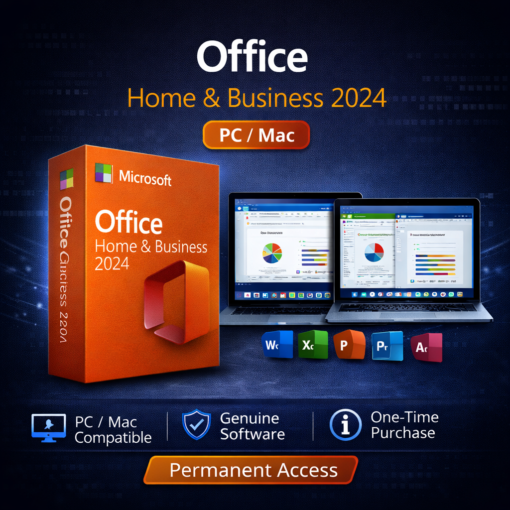 Office Home and Business 2024 WooCommerce product image with orange Microsoft box, dual laptop display for PC and Mac compatibility, and icons for genuine software and one-time purchase