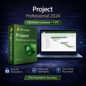Microsoft Project Professional 2024 lifetime license WooCommerce product image with green software box, project management interface with Gantt chart, and icons for secure activation, genuine software, and one-time purchase